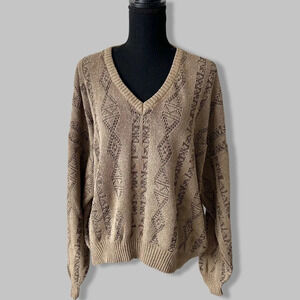 Tan Colour Laser  Cut V Neck Pullover Sweater